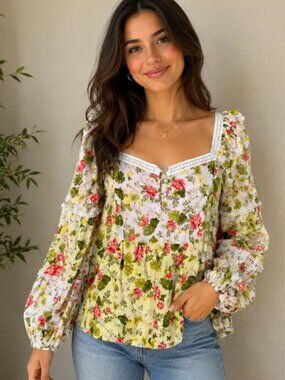 Farm Rio Womens Floral Long Sleeve Lace Ruffle Trim Blouse Multicolor Sz Petite